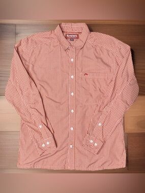 Simms Fishing Products Button Up Mens M Orange Plaid Long Sleeve NWOT